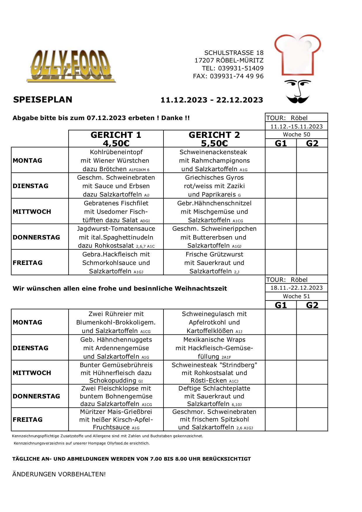 Speiseplan Erwachsen 11.12.-22.12.23