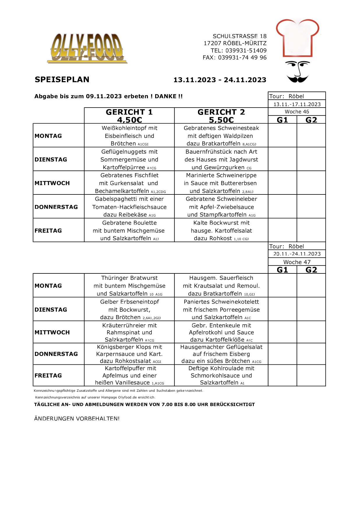 Speiseplan Erwachsen 13.11.-24.11.23