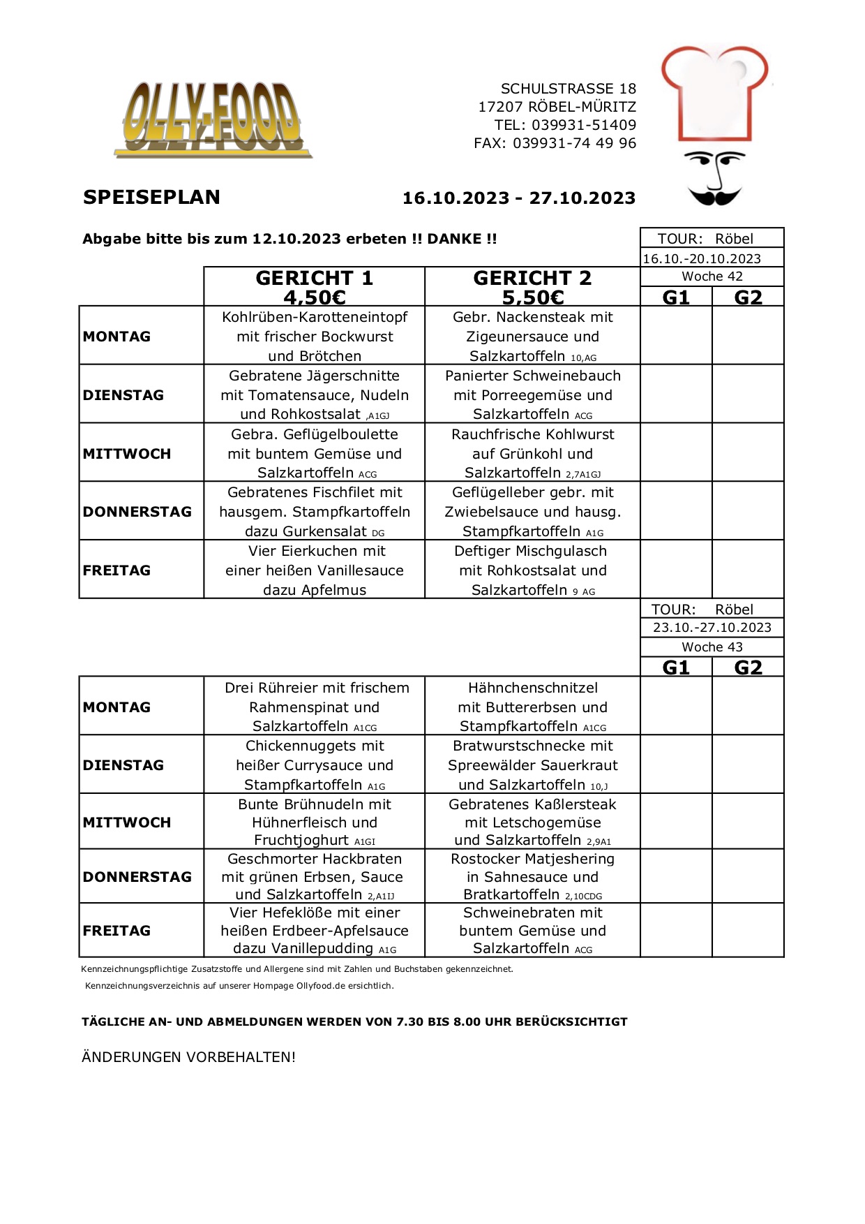 Speiseplan Erwachsen 16.10.-27.10.23