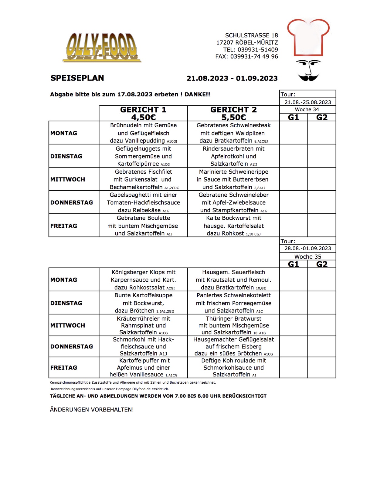 Speiseplan Erwachsen 21.08.-01.09.23
