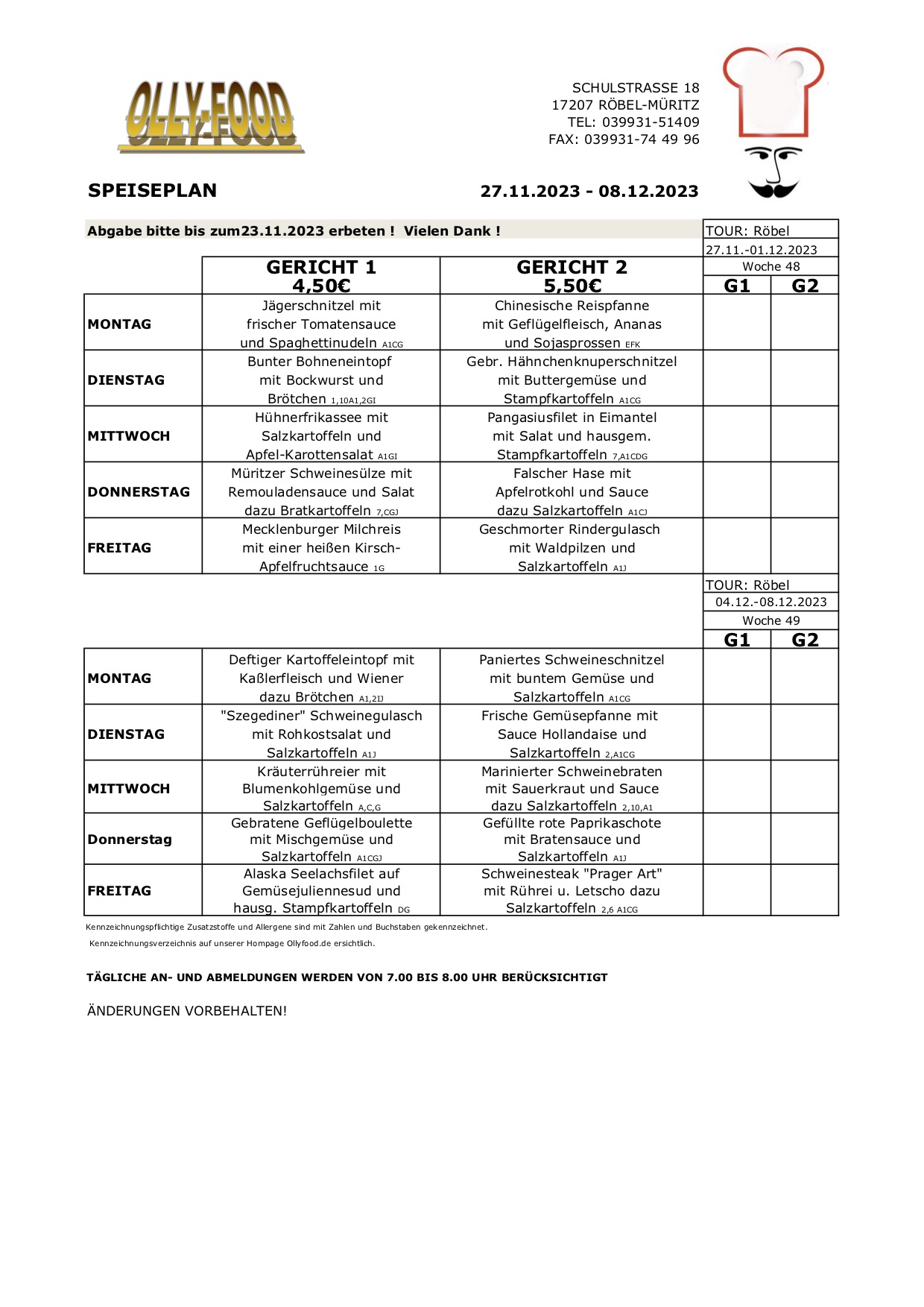 Speiseplan Erwachsen 27.11.-08.12.23